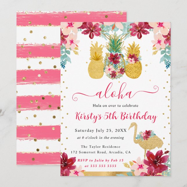 Convite Abejas e Flamingos Rosa e Dourado Aniversário Infa (Frente/Verso)