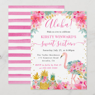 Convite Abejas e Flamingos Rosa e Dourado Sweet 16