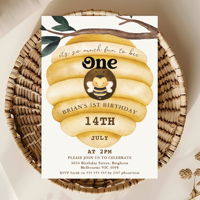 Convite Abelha Amarelo-Bonita, primeiro aniversario (Bee Themed 1st Birthday Invitation Template, Editable Bee Hive First Birthday Invitation, Honey Bee)
