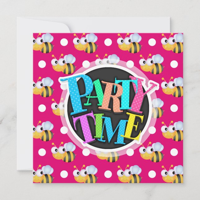 Convite Abelha-branca, Bolinhas rosa-quente e brancas (Frente)