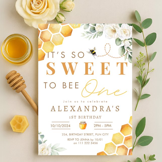 Convite Abelha primeiro aniversario doce de ser uma garota (Bee 1st Birthday Sweet to Be One Girl Floral Invitation)