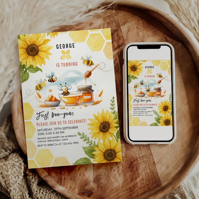 Convite Abelhas Amarelas e Girassol Bonitas 1rua Aniversár (Criador carregado)