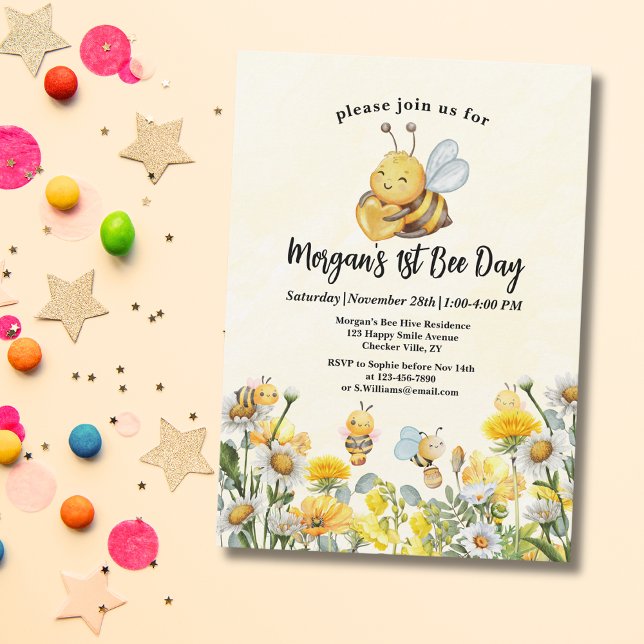 Convite Abelhas De Flor Selvagem Um Aniversário De 11ruas (Criador carregado)