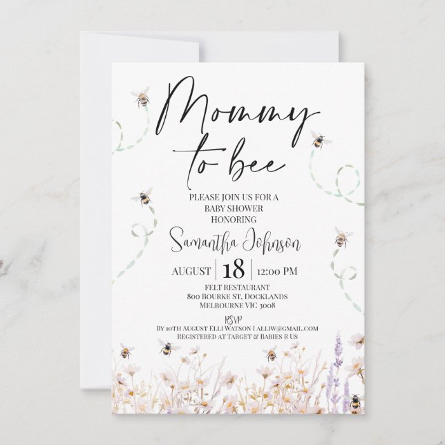 Convite Abelhas de flores selvagens Mamãe a Chá de fraldas (Frente)