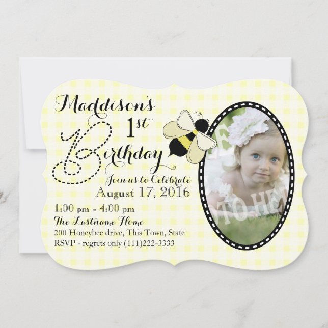 Convite Abelhas de mel e Gingham Birthday (Frente)