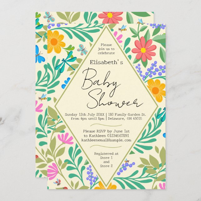 Convite Abelhas De Mel, Ladybug, Borboleta, Dragonfly & Fl (Frente/Verso)