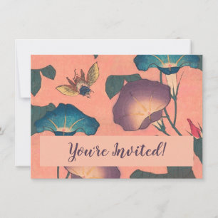 Convite Abelhas e Flores - Arte Japonesa Rosa Floral