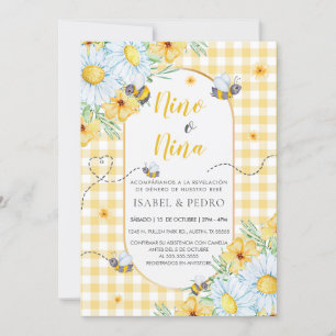 Convite Abelhas e Flores Brancas Gingham - Revelação Espan