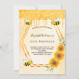 Convite Abelhas girassóis dourados favos de mel Doce 16