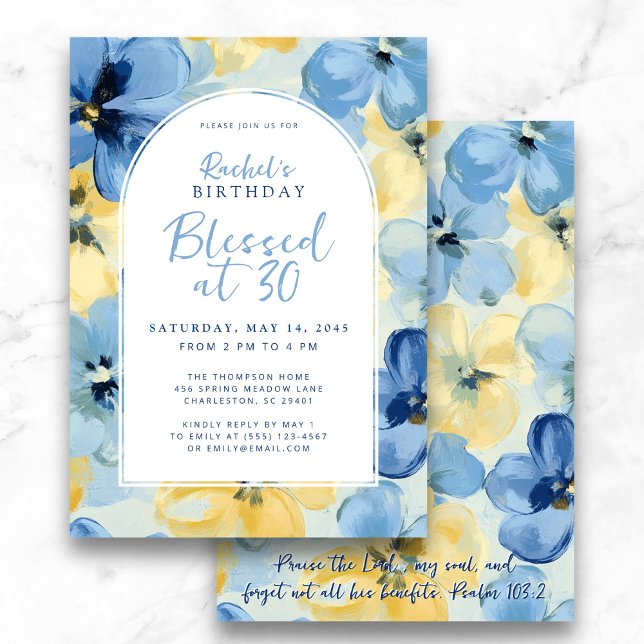 Convite Abençoado com 30 Faith Birthday Milestone Floral (Elegant "Blessed at 30" faith birthday invite with blue and yellow florals)