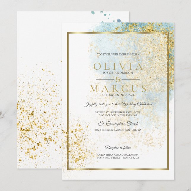 Convite Abertura de Cor de Água Dourada e Azul Moderno de  (Frente/Verso)