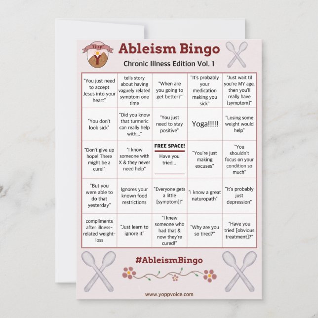 Convite Ableism Bingo Card Chronic Ilness Edition Vol. 1 (Frente)