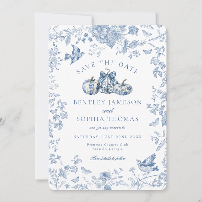 Convite Abóbora Blue Toile Casa de Campo Francesa Salve a  (Frente)