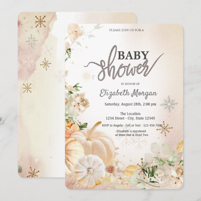 Convite Abóbora Boho Flores Flocos de Neve Chá de Bebê (Frente/Verso)