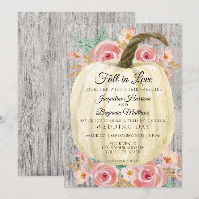Convite Abóbora Branca Floral Aquarela Rústica em Madeira  (Frente/Verso)