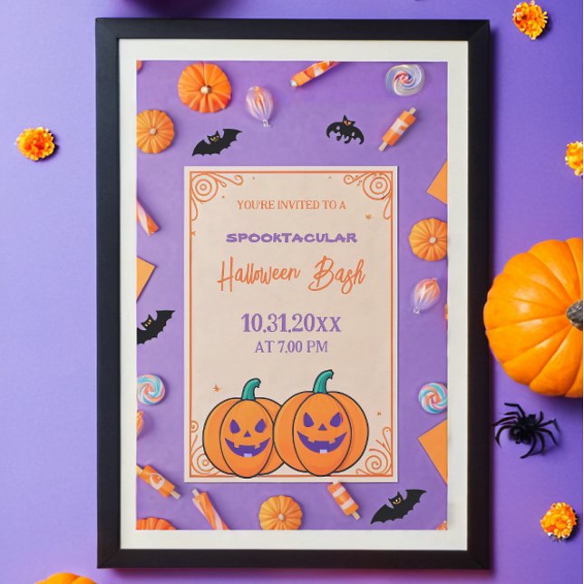 Convite Abóbora-branca Halloween Bash Laranja Roxo (Criador carregado)