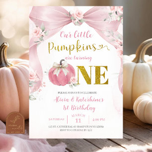 Convite Abóbora Coquete com Laço Rosa no 1º aniversário