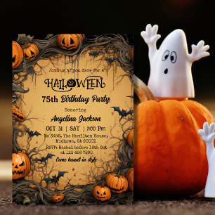 Convite Abóbora de Aniversário de 75 anos de Halloween Vin