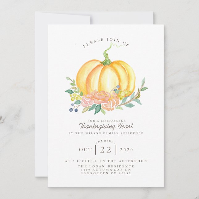 Convite Abóbora De Aquarela | Banquete de Ação de Graças (Frente)