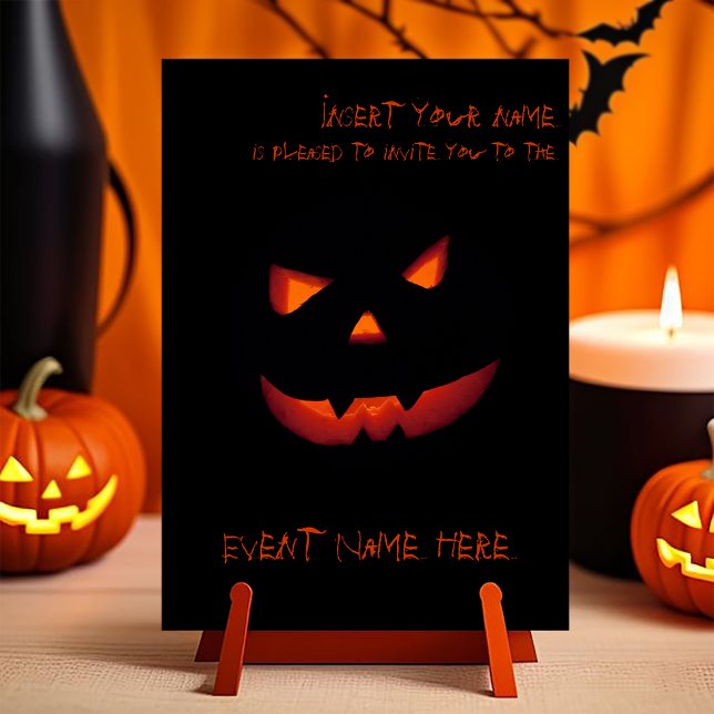 Convite Abóbora de Halloween 001 (Customizable invitation with the image of a scary smiling halloween carved pumpkin. )