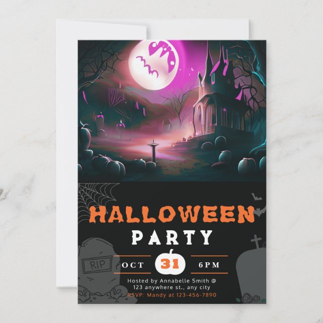 Convite Abóbora de Halloween Assustadora com Lua Cheia (Frente)