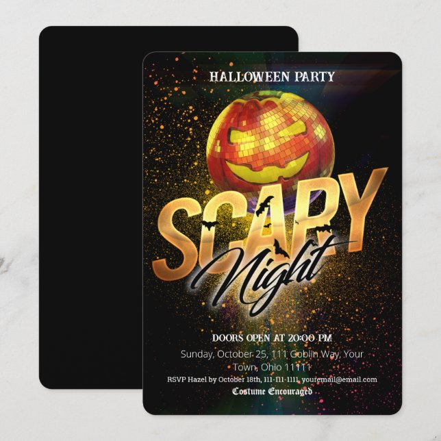 Convite Abóbora de Halloween Bola de Disco Noite Assustado (Frente/Verso)