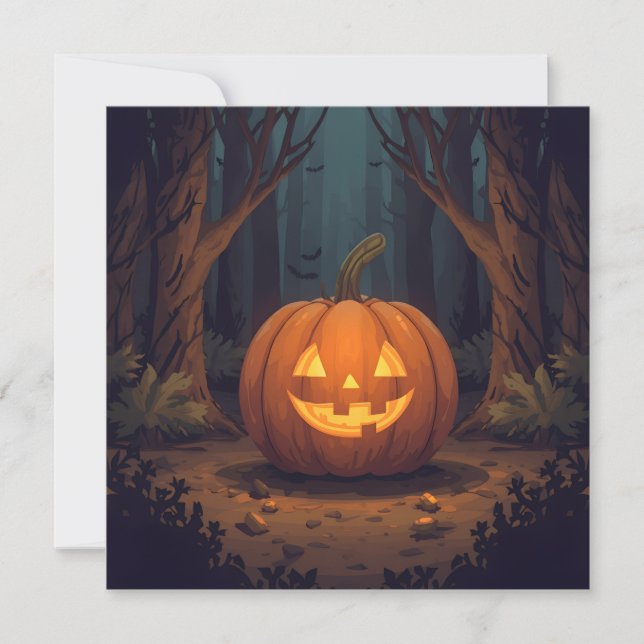 Convite Abóbora de Halloween Brilhando na Floresta (Frente)