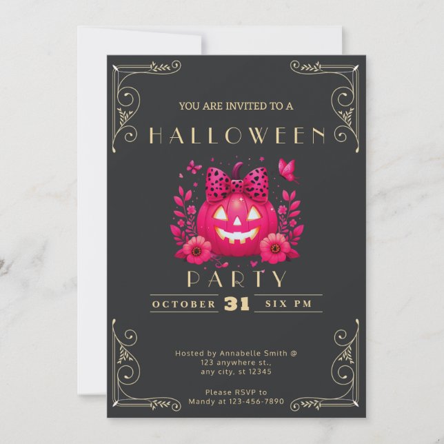 Convite Abóbora de Halloween Chalkboard Preto e Dourado (Frente)
