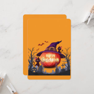 Convite Abóbora de Halloween, Gatos e Chapéu de Bruxa