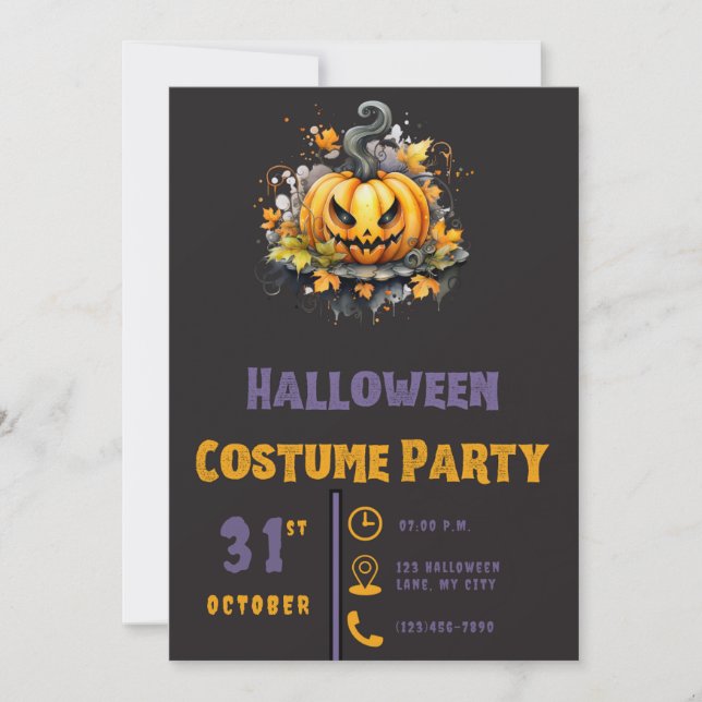 Convite Abóbora de Halloween Moderna e Assustadora Preta (Frente)
