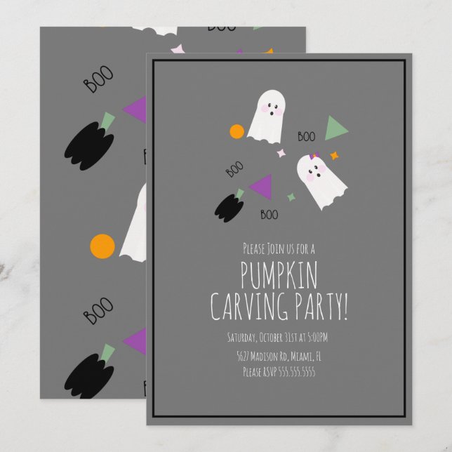 Convite Abóbora de Halloween Muito Fofo Fantasma Confete (Frente/Verso)