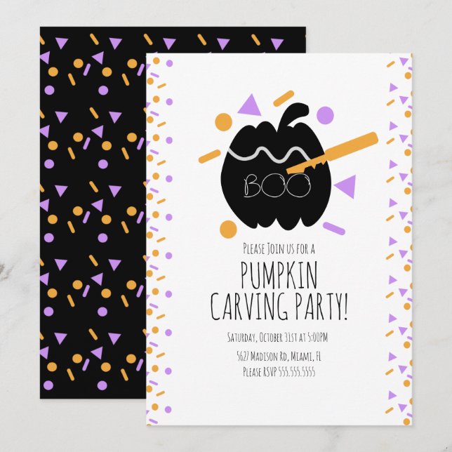Convite Abóbora de Halloween preta para entalhe com confet (Frente/Verso)