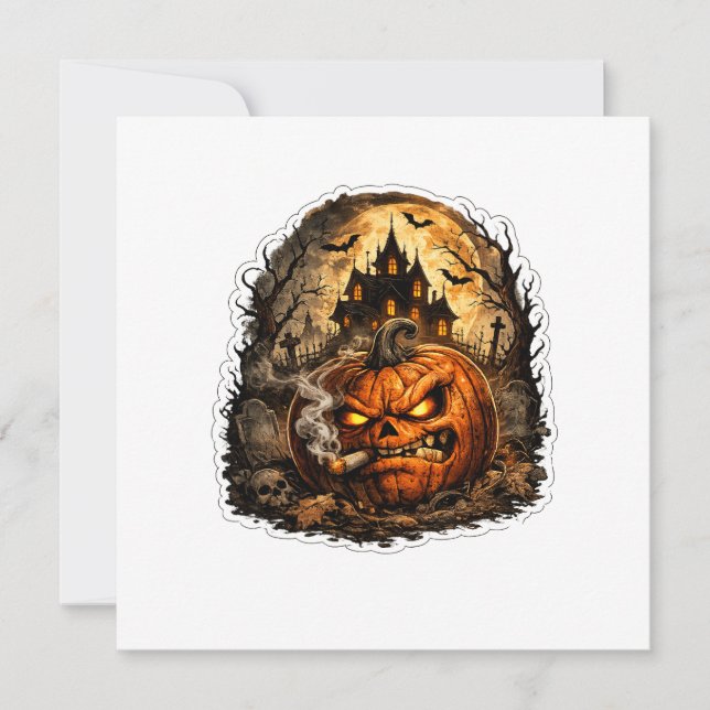 Convite 🎃 Abóbora de Halloween Zangada Adesivo | Assustad (Frente)