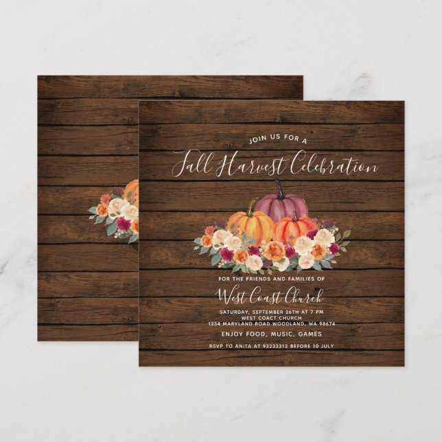 Convite Abóbora de Madeira Festa de Colheita de Outono Com (Frente/Verso)