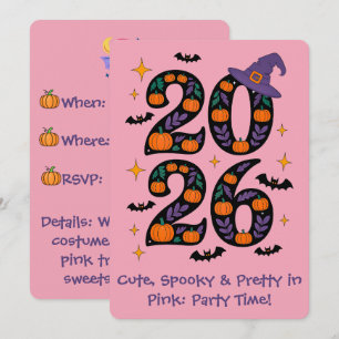 Convite Abóbora do Halloween Rosa 2026 Chapéu de Bruxa Ass
