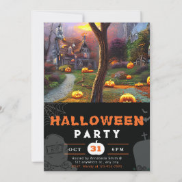 Convite Abóbora e Casa Assombrada Preto Halloween