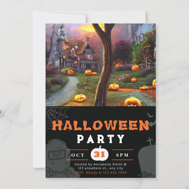 Convite Abóbora e Casa Assombrada Preto Halloween (Frente)