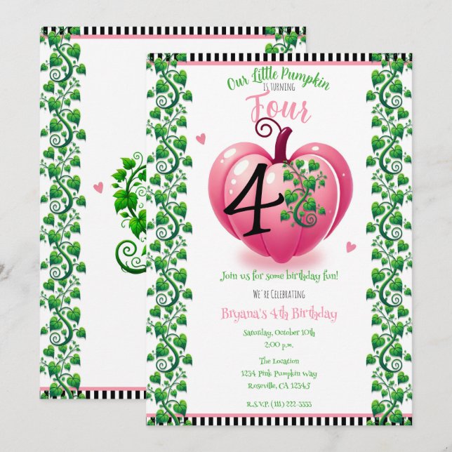 Convite Abóbora e Folhas de Coração Rosa Festa de Aniversá (Frente/Verso)