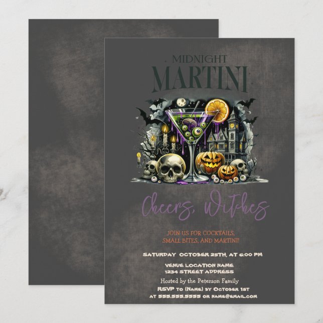Convite Abóbora Esqueleto Crânio Martini Escuro Halloween (Frente/Verso)