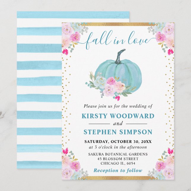 Convite Abóbora Floral Azul Casamento de Outono (Frente/Verso)