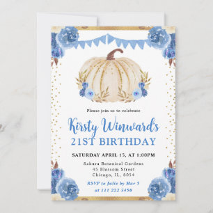 Convite Abóbora Floral Azul e Dourada Outono Aniversário d