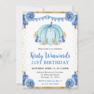 Convite Abóbora Floral Azul e Dourada Outono Aniversário d