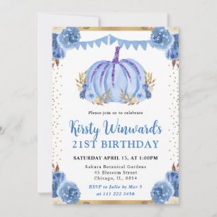 Convite Abóbora Floral Azul e Dourada Outono Aniversário d
