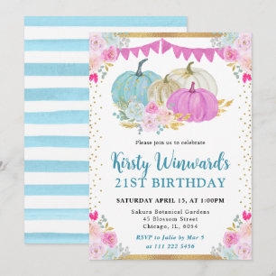 Convite Abóbora Floral Azul e Rosa Outono Aniversário de 2