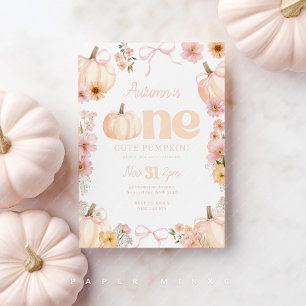 Convite Abóbora floral com laço laranja e rosa para 1º ani