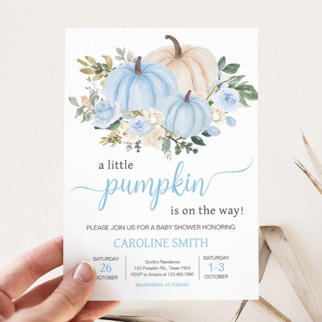 Convite Abóbora Floral de Outono Azul (Fall Pumpkin Baby Shower Invitation
)
