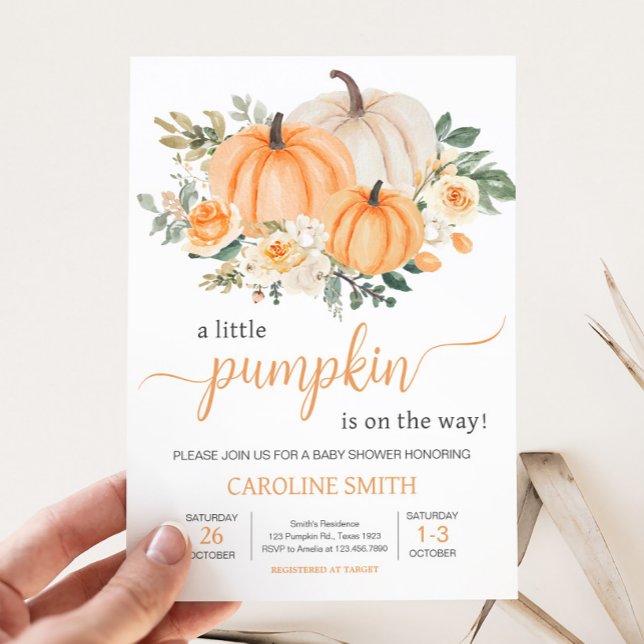 Convite Abóbora Floral de Outono Laranja (Fall Pumpkin Baby Shower Invitation )