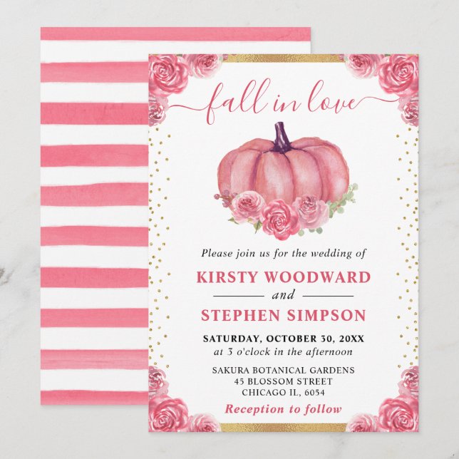 Convite Abóbora Floral Rosa Casamento de Outono (Frente/Verso)