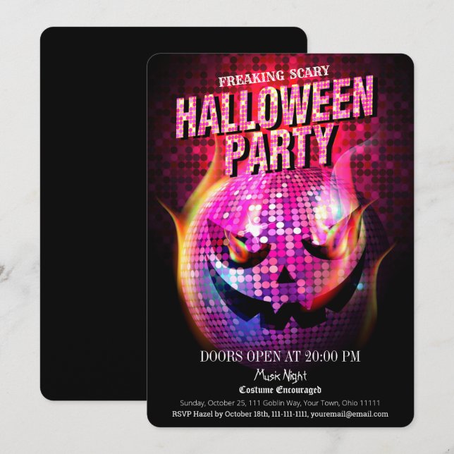 Convite Abobora Freaking Assustadora Bola de Disco Hallowe (Frente/Verso)