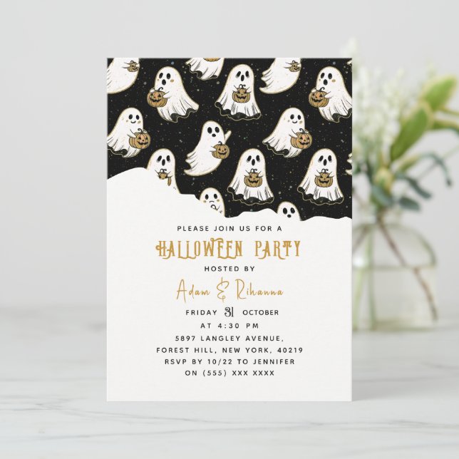 Convite Abóbora Moderna e Fantasma de Halloween (Em pé/Frente)